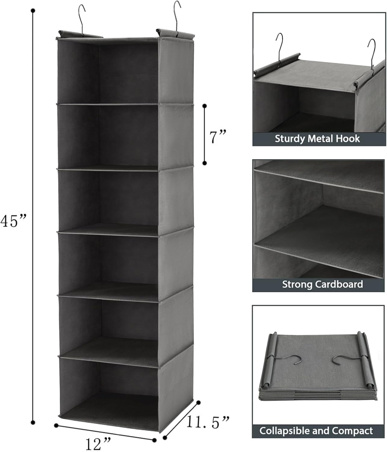 6 Tier Shelf Hanging Closet Organizer, Closet Hanging Shelf with 2 Sturdy Hooks for Storage, Foldable (Grey)