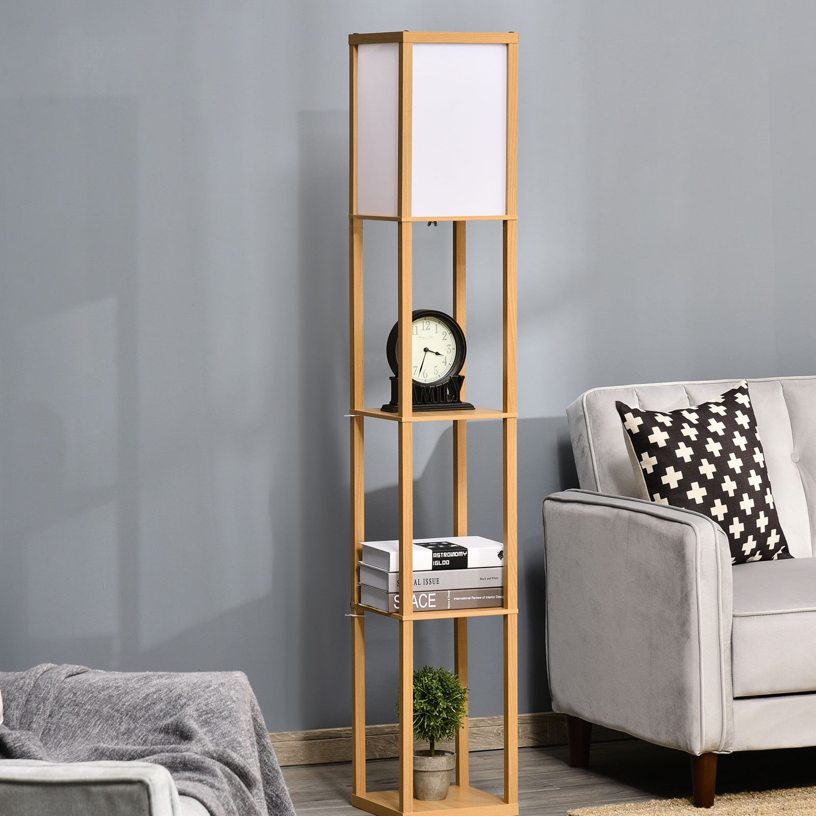 4-Tier Floor Lamp Standing Lamp with Storage Shelf for Home Office Dorm Natural