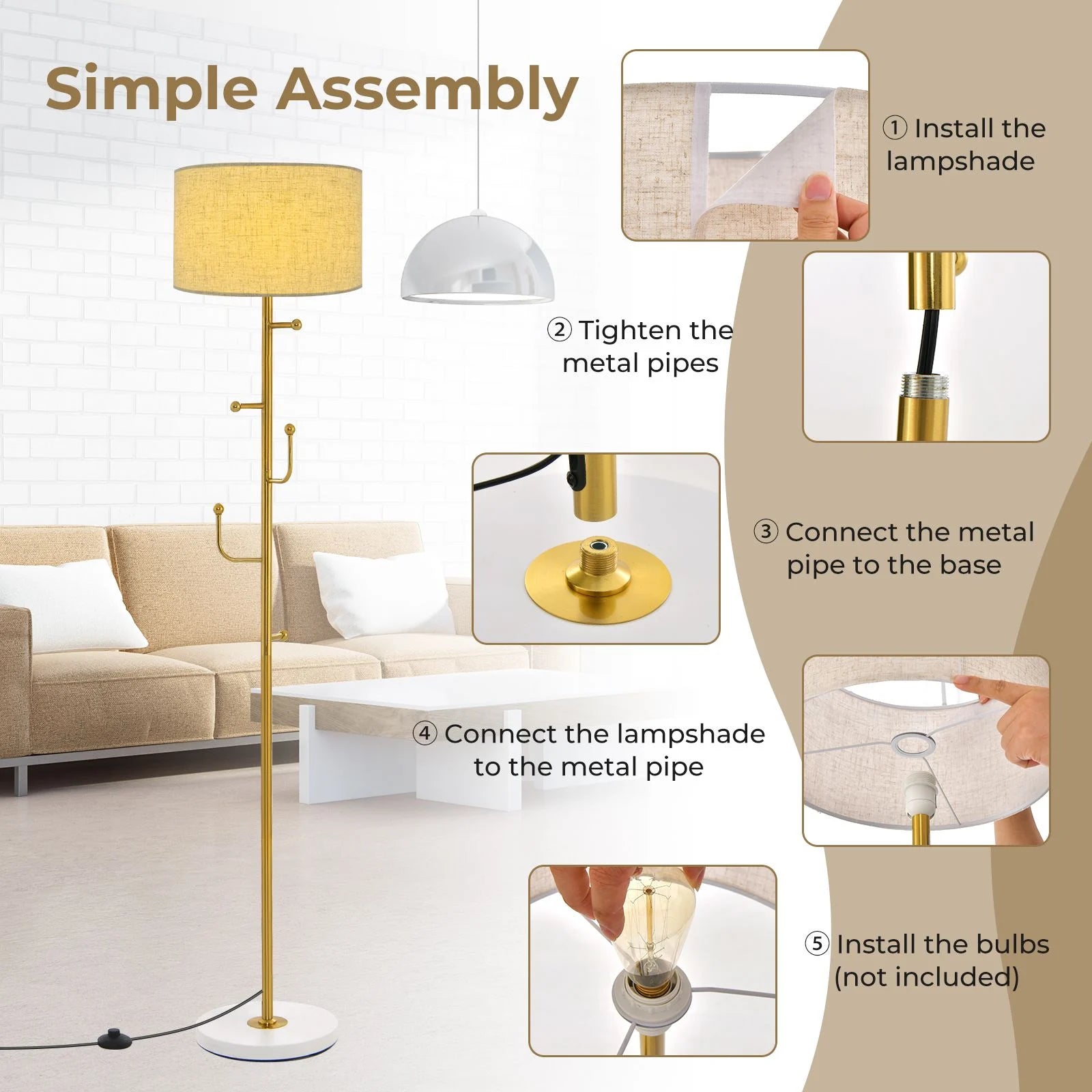 Freestanding Floor Lamp with Coat Rack and Foot Switch