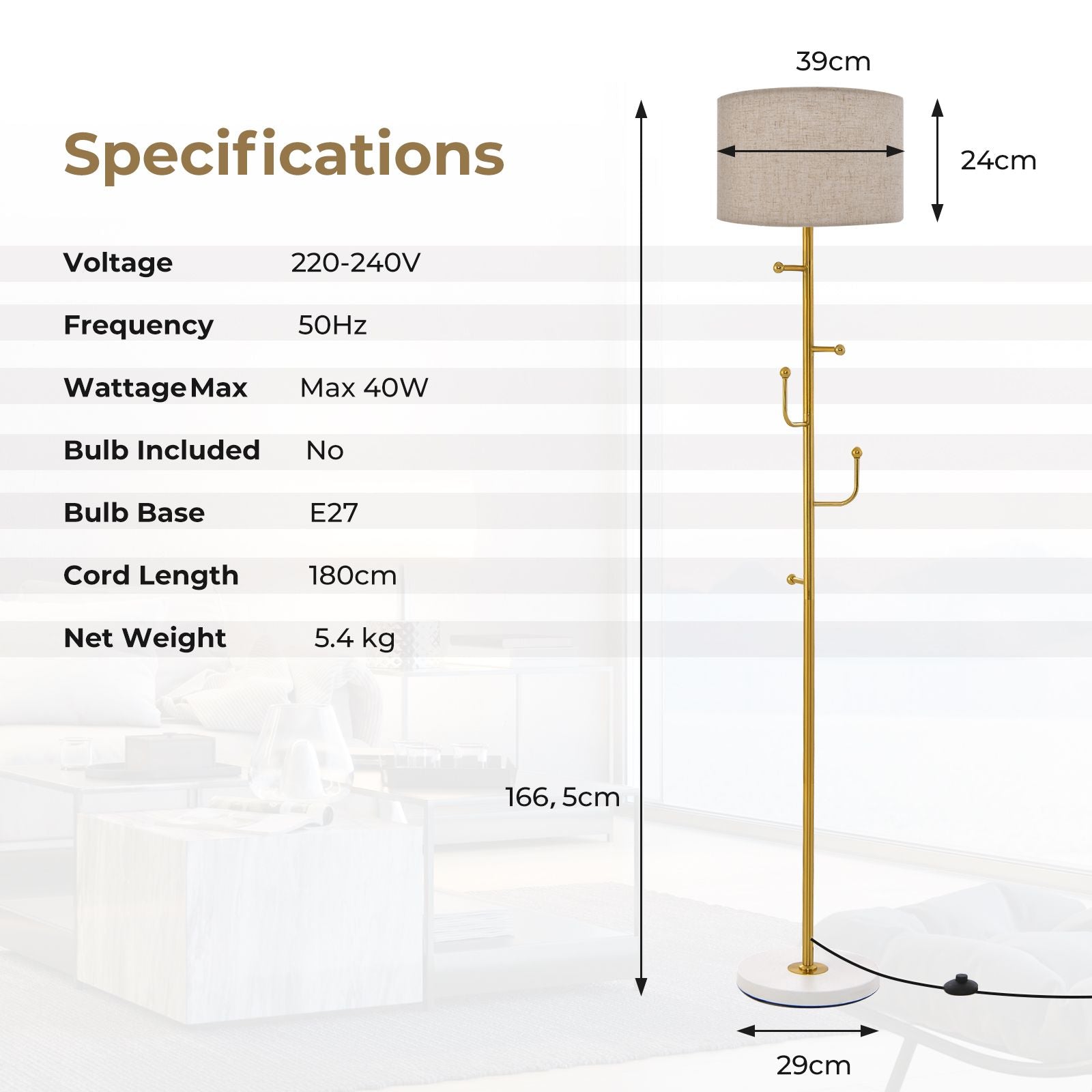 Freestanding Floor Lamp with Coat Rack and Foot Switch