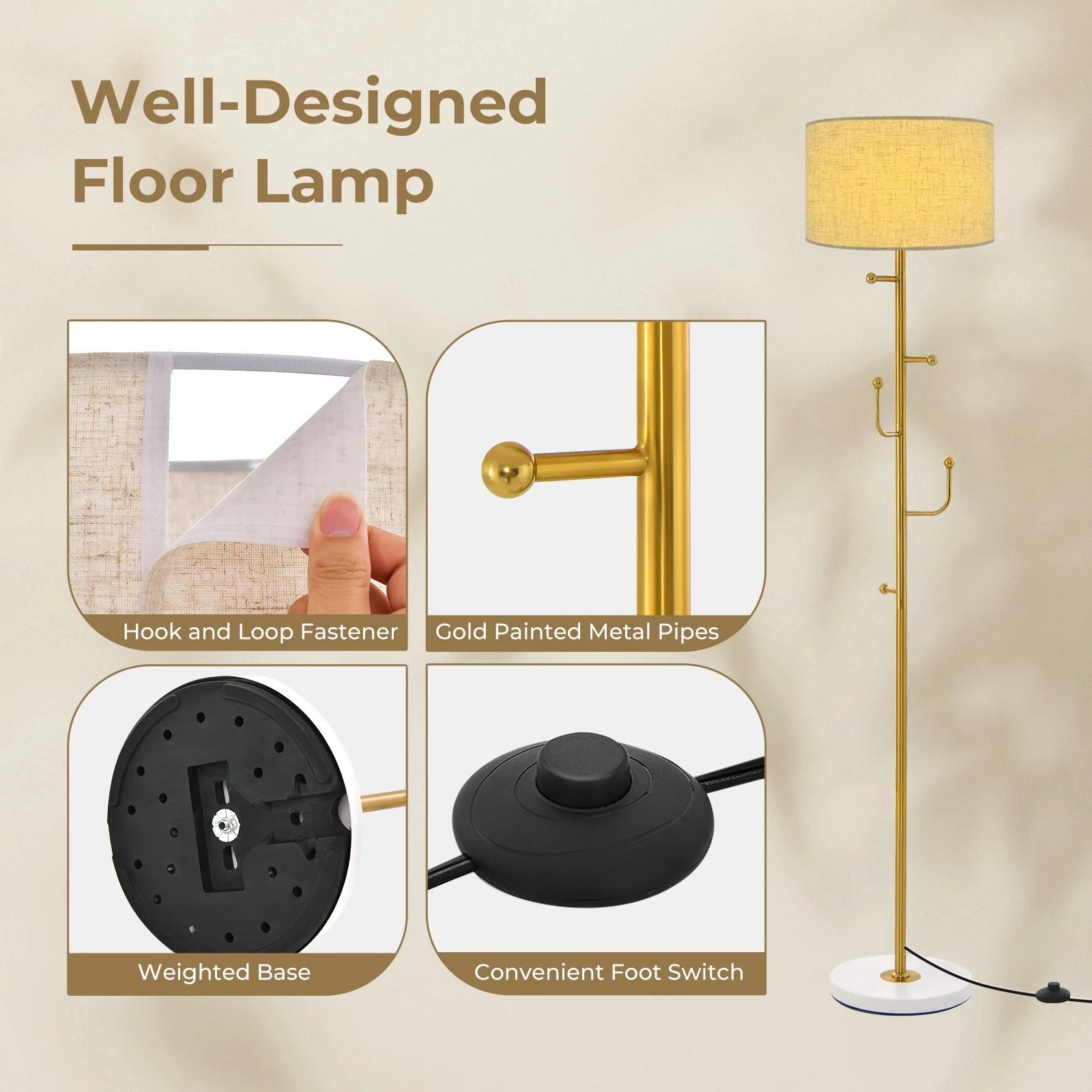 Freestanding Floor Lamp with Coat Rack and Foot Switch